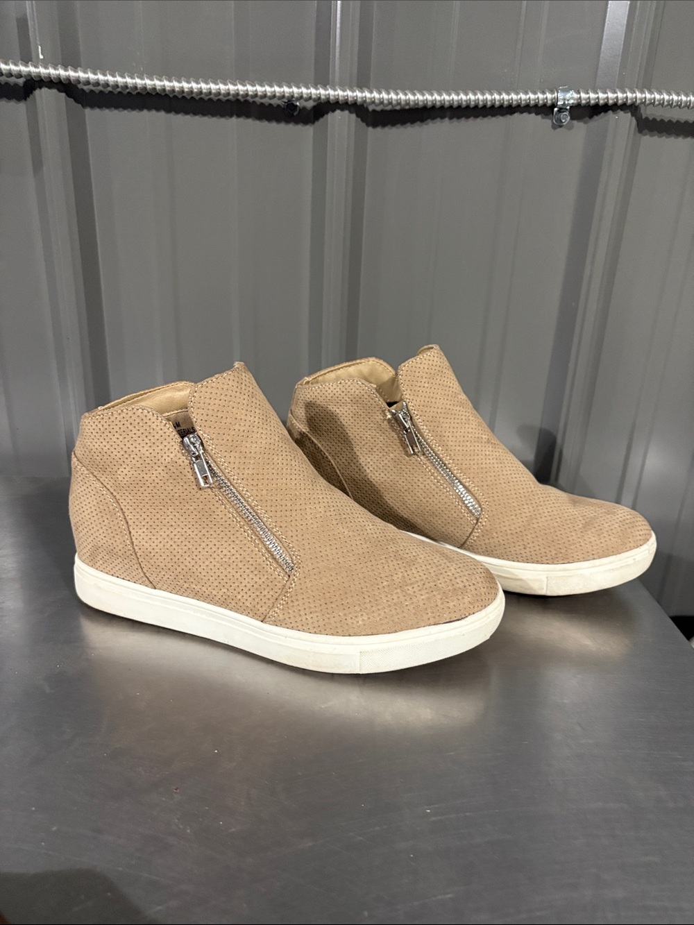 Casual Tan Wedge Sneaker Booties with Side Zip